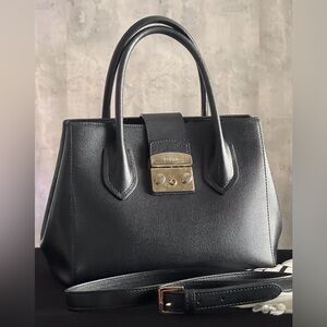 Furla Metropolis Black Leather Gold Hardware Satchel Crossbody Shoulder Handbag